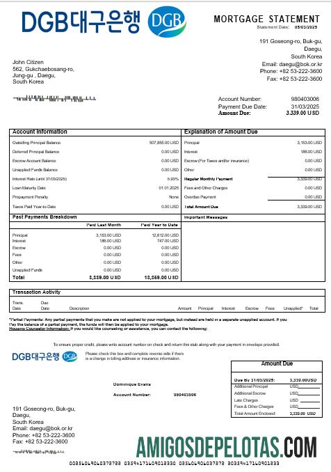 Declaração de hipoteca do Daegu Bank da Coreia do Sul em formatos Word e PDF amostra
